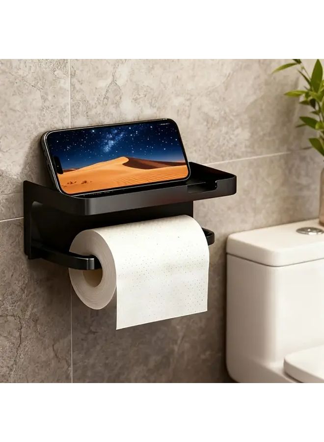 Xinyao Black Self Adhesive 2 In 1 Toilet Paper Holder Phone Stand No Drill Wall Mount Shelf - Image 1