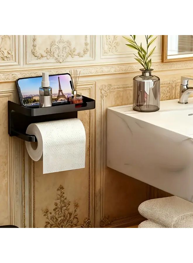 Xinyao Black Self Adhesive 2 In 1 Toilet Paper Holder Phone Stand No Drill Wall Mount Shelf - Image 3