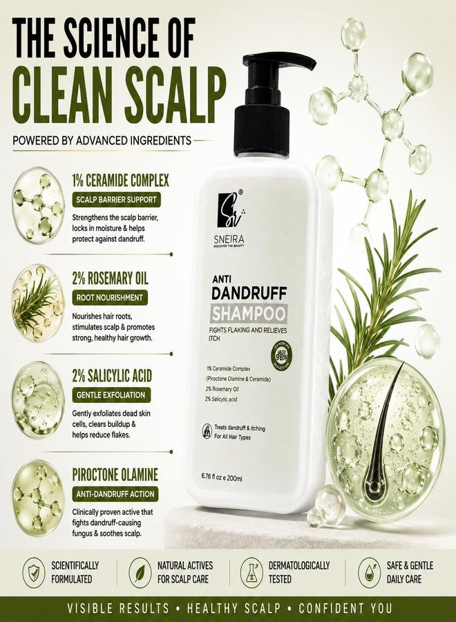 SNEIRA Anti-Dandruff Shampoo 200 ml, 2% Rosemary Oil, 2% Salicylic Acid, 1% Ceramide Complex (Piroctone Olamine) Reduces Upto 98% Dandruff Helps With Itching For All Hair Type, Paraben-Sulphate Free - Image 3