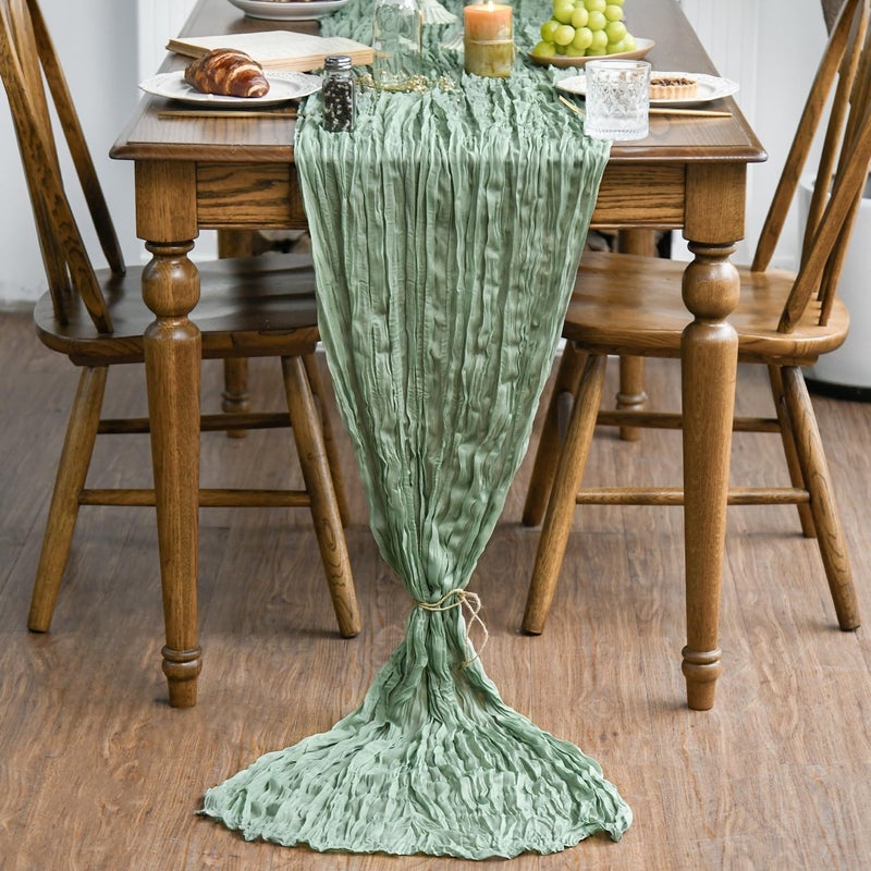 Artoid Mode Boho Sage Green Gauze Wedding Cheesecloth Table Runner set of 2, 35x120 Inch Seasonal Fabric Kitchen Dining Holiday Table Decor for Home Party - Image 2