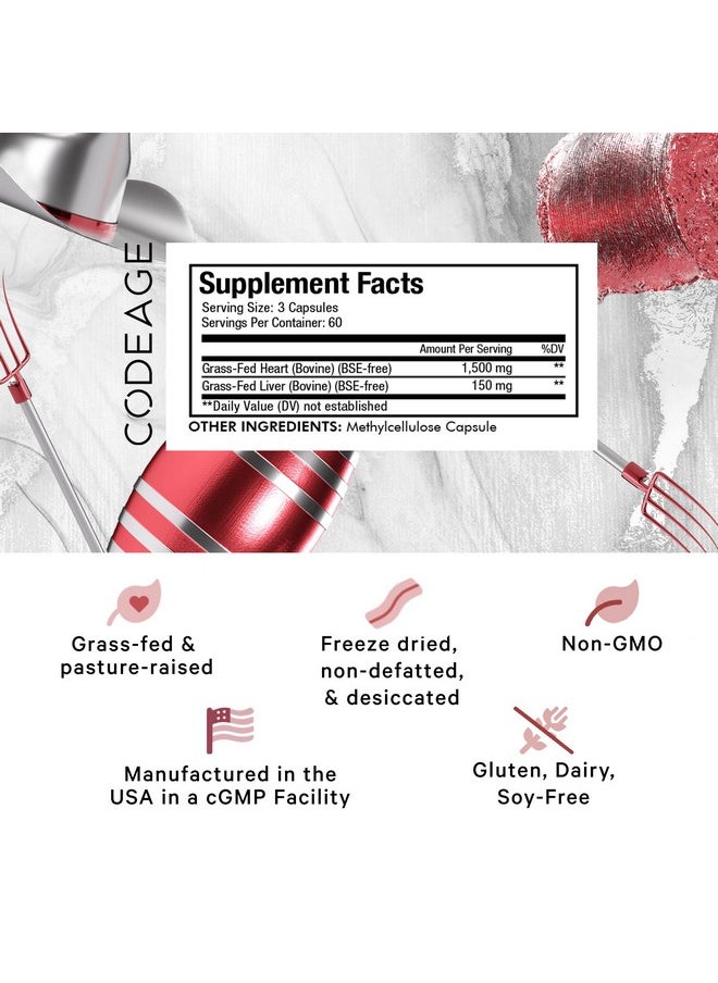 Codeage Codeage Grass Fed Beef Heart Supplement - Freeze Dried, Non-Defatted, Desiccated Glandular Supplements - Bovine Meat & Liver Pills - Beef Vitamins for Heart - Non-GMO -180 Capsules  - Image 2