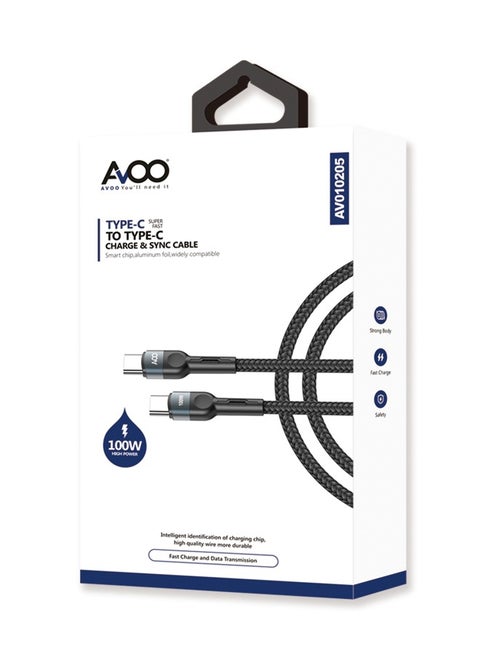 Type-C to Type-C charging cable or wire, cut-resistant fabric, fast charging, 1.2 meters, 100 watts with a data transfer speed of 480 megabits per second, from Avoo. Supports Galaxy S devices and MacBook devices. Samsung - Huawei - Xiaomi- Android