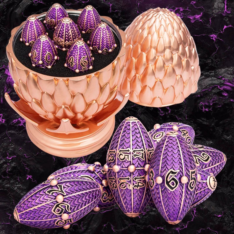 ARUOHHA DND Metal Dice Copper Purple Dragon Egg Dice with Rotating Dragon Egg Shell Role Playing Game RPG Polyhedral D and D Dice Set D20 D12 D10 D8 D6 D4 - Image 3