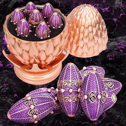ARUOHHA DND Metal Dice Copper Purple Dragon Egg Dice with Rotating Dragon Egg Shell Role Playing Game RPG Polyhedral D and D Dice Set D20 D12 D10 D8 D6 D4 - Image 1