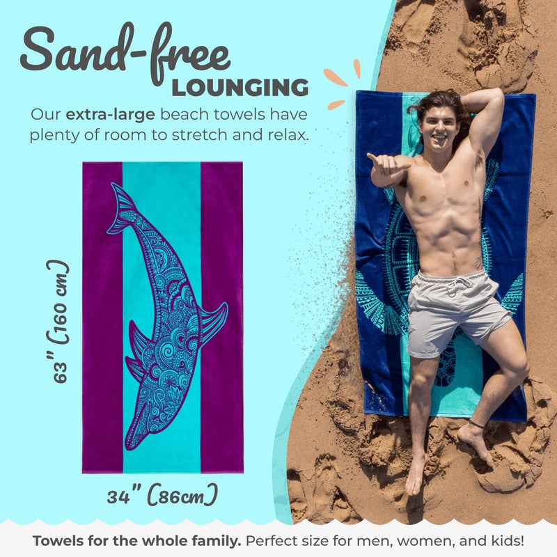 Nova Blue Dolphin Beach Towel â€“ Tropical Blue & Purple Colors with A Unique Design, Extra Large, XL, Pool Towels (34â€x 63â€) Made from 100% Cotton - Image 3