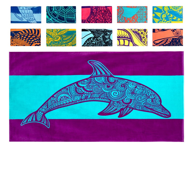 Nova Blue Dolphin Beach Towel â€“ Tropical Blue & Purple Colors with A Unique Design, Extra Large, XL, Pool Towels (34â€x 63â€) Made from 100% Cotton - Image 1