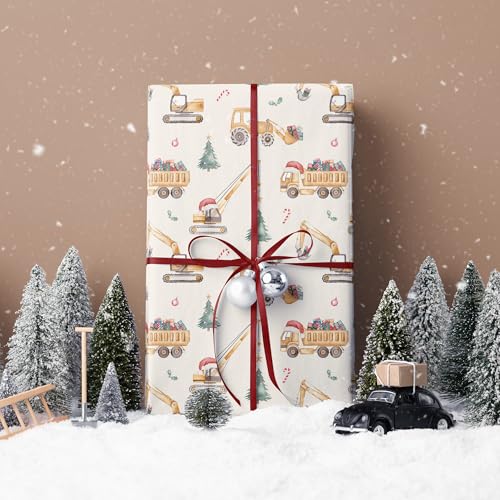 SaringSwoon Construction Christmas Wrapping Paper for Kids - Holiday Wrapping Paper with Dump Trucks, Cranes, Excavators with Santa Hats & Gifts, Christmas Tree - 40×28 Inches, 4 Folded Sheets - Image 3