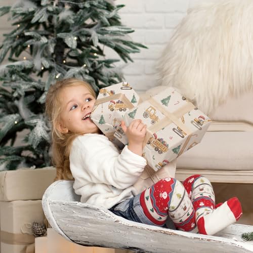 SaringSwoon Construction Christmas Wrapping Paper for Kids - Holiday Wrapping Paper with Dump Trucks, Cranes, Excavators with Santa Hats & Gifts, Christmas Tree - 40×28 Inches, 4 Folded Sheets - Image 5