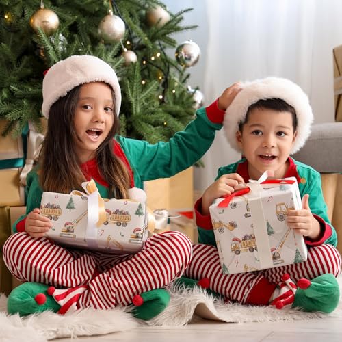 SaringSwoon Construction Christmas Wrapping Paper for Kids - Holiday Wrapping Paper with Dump Trucks, Cranes, Excavators with Santa Hats & Gifts, Christmas Tree - 40×28 Inches, 4 Folded Sheets - Image 2