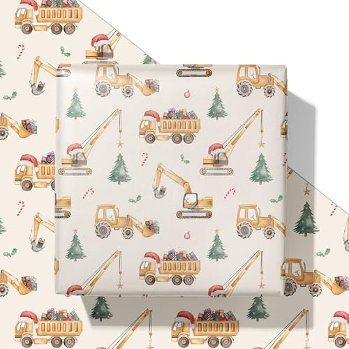 SaringSwoon Construction Christmas Wrapping Paper for Kids - Holiday Wrapping Paper with Dump Trucks, Cranes, Excavators with Santa Hats & Gifts, Christmas Tree - 40×28 Inches, 4 Folded Sheets - Image 1