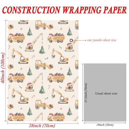 SaringSwoon Construction Christmas Wrapping Paper for Kids - Holiday Wrapping Paper with Dump Trucks, Cranes, Excavators with Santa Hats & Gifts, Christmas Tree - 40×28 Inches, 4 Folded Sheets - Image 4
