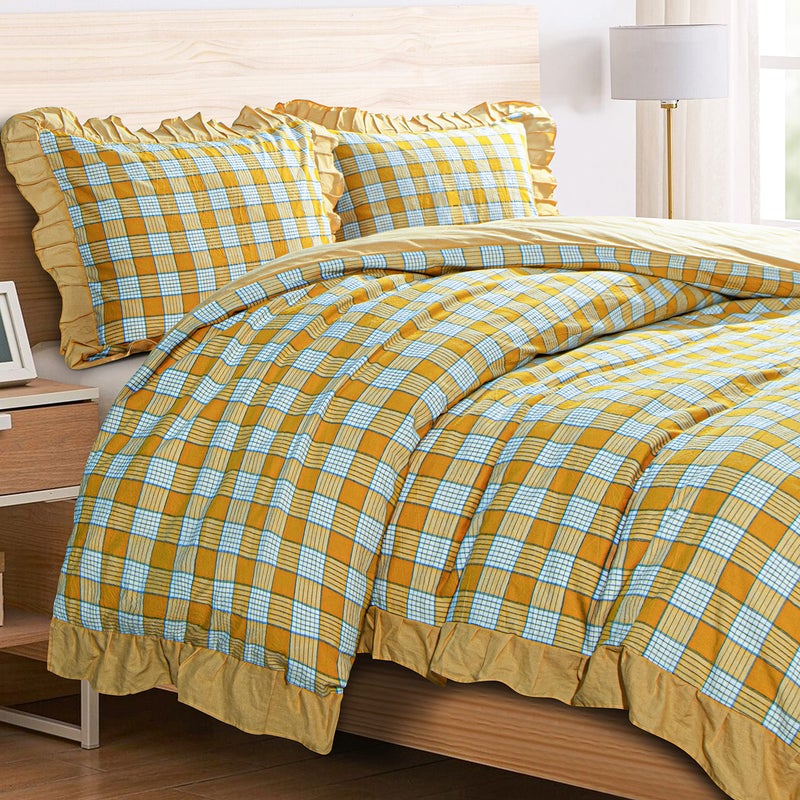 NTBAY Washed Cotton Queen (90"x90") Ruffled Duvet Cover Set, 3 Pieces (1 Duvet Cover + 2 Pillow Shams) Ultra Soft and Breathable Comforter Cover Set with Zipper Closure, Yellow Checkered - Image 1