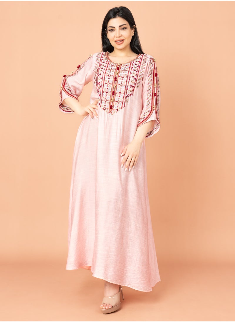 IKKXA Classic Embroidery Jalabiya Peach  - Image 1