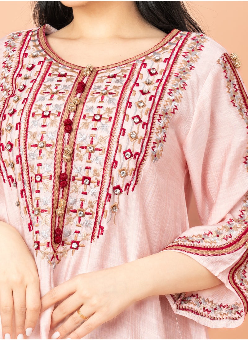 IKKXA Classic Embroidery Jalabiya Peach  - Image 2
