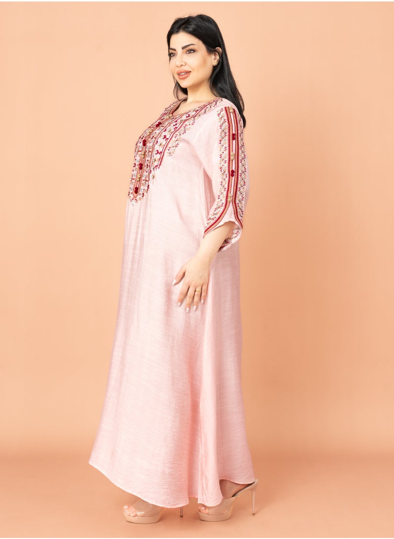 IKKXA Classic Embroidery Jalabiya Peach  - Image 3
