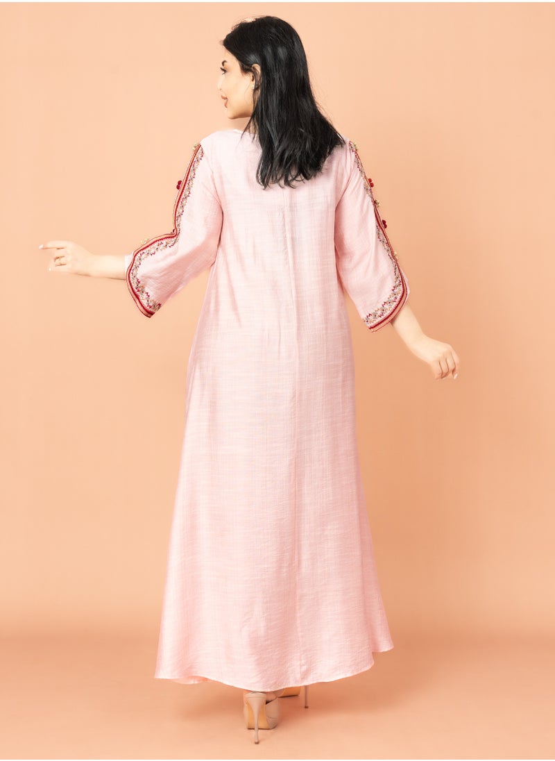 IKKXA Classic Embroidery Jalabiya Peach  - Image 4