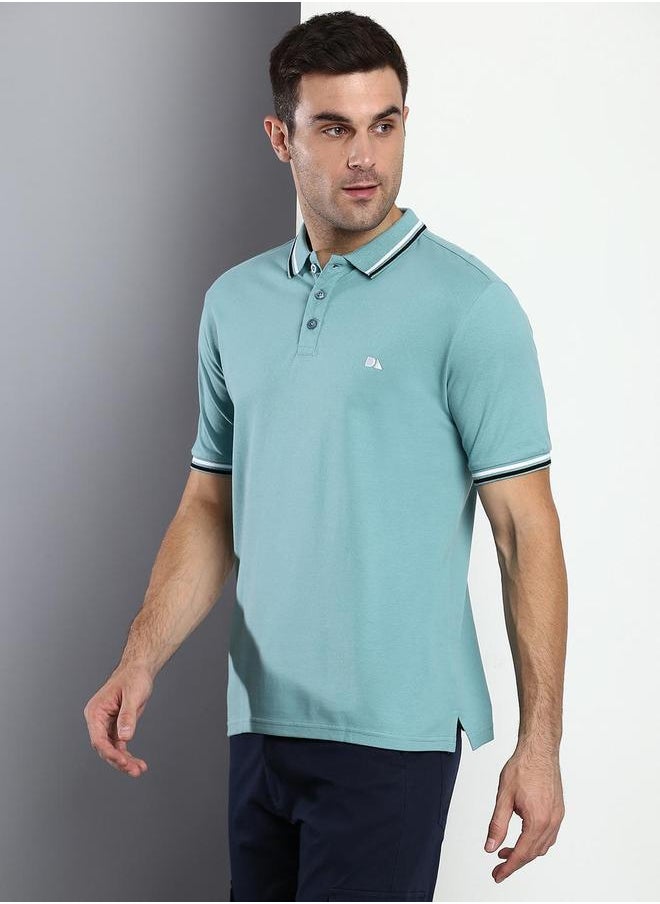 Dennis Lingo Men's Aqua 100% Cotton Solid Pattern Regular Fit T-Shirt  - Image 4