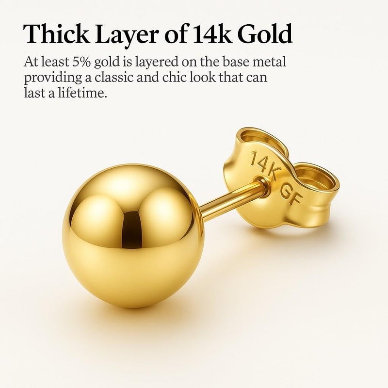 Kezef 14K Gold Filled Stud Earrings for Women, Real 14 k Gold Layer, (Set of 3) 3mm 4mm 5mm Ball Studs, Hypoallergenic Round Ear rings - Image 2