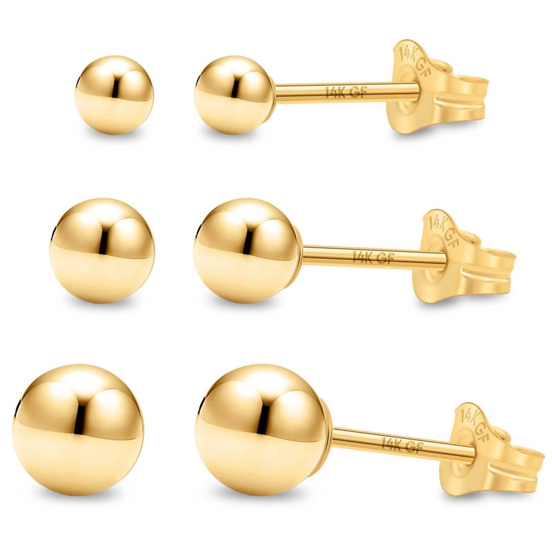 Kezef 14K Gold Filled Stud Earrings for Women, Real 14 k Gold Layer, (Set of 3) 3mm 4mm 5mm Ball Studs, Hypoallergenic Round Ear rings - Image 1
