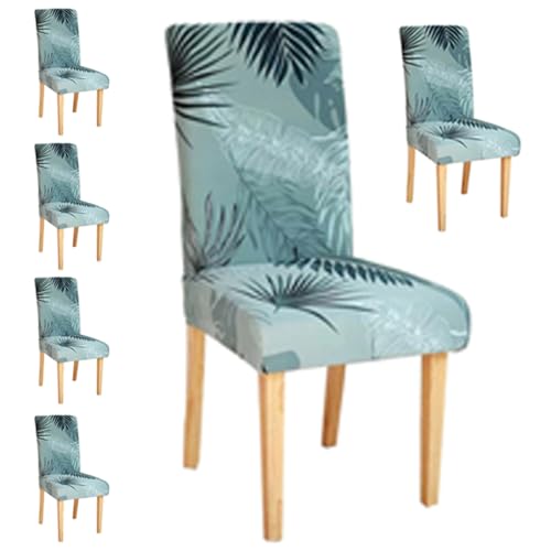 Styleys Stretchable Polyester Dining Slipcovers Washable Elastic Seat Case Protector Chair Covers for Home, Kitchen, Party, Restaurant (SLMC128 White/Green Fern, L) - Set of 6 - Image 1
