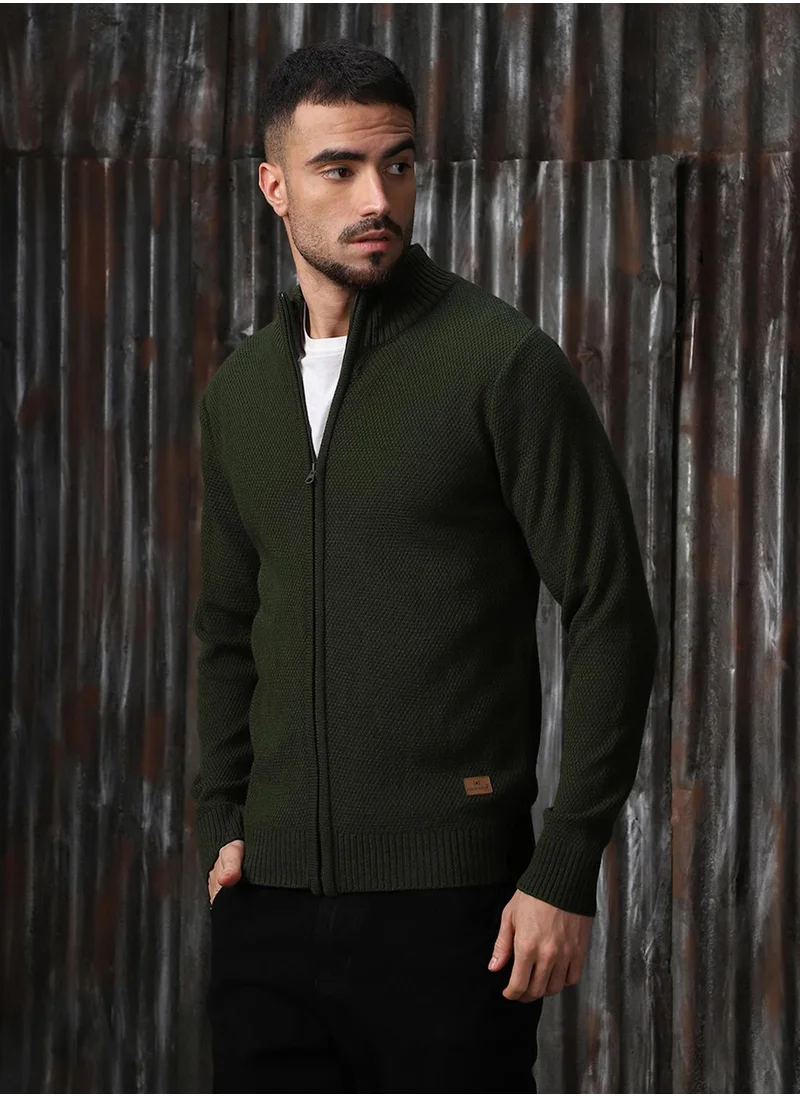 HIGH STAR Men's Olive 100% Acrylic Solid Regular Fit Sweater