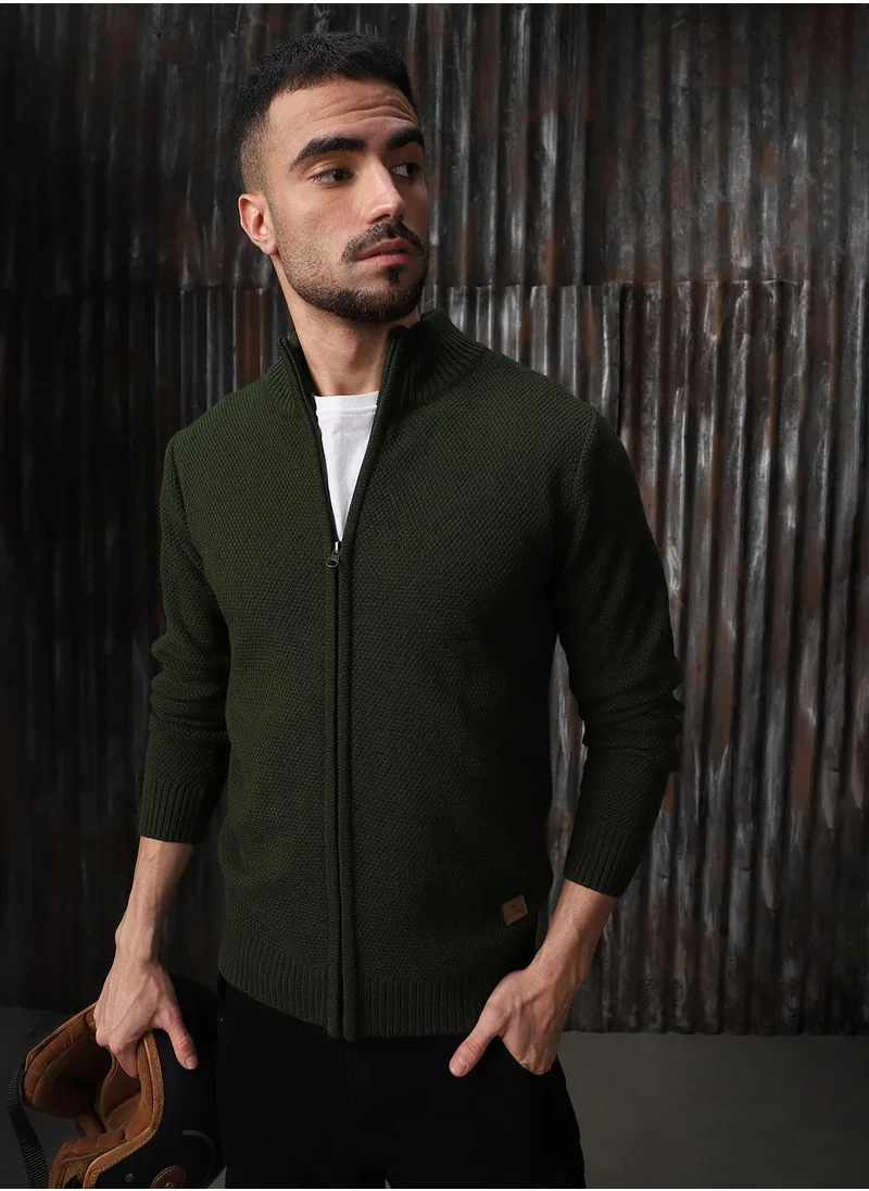 HIGH STAR Men's Olive 100% Acrylic Solid Regular Fit Sweater