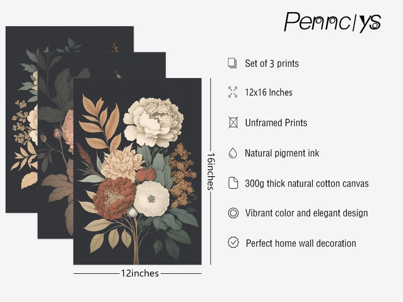 Pennclys Vintage Flower Wall Art Dark Floral Canvas Wall Art Botanical Farmhouse Prints Black Flower Pictures Wall Decor Moody Floral Artwork Painting for Living Room Bedroom 12x16x3 Inch Unframed - Image 2