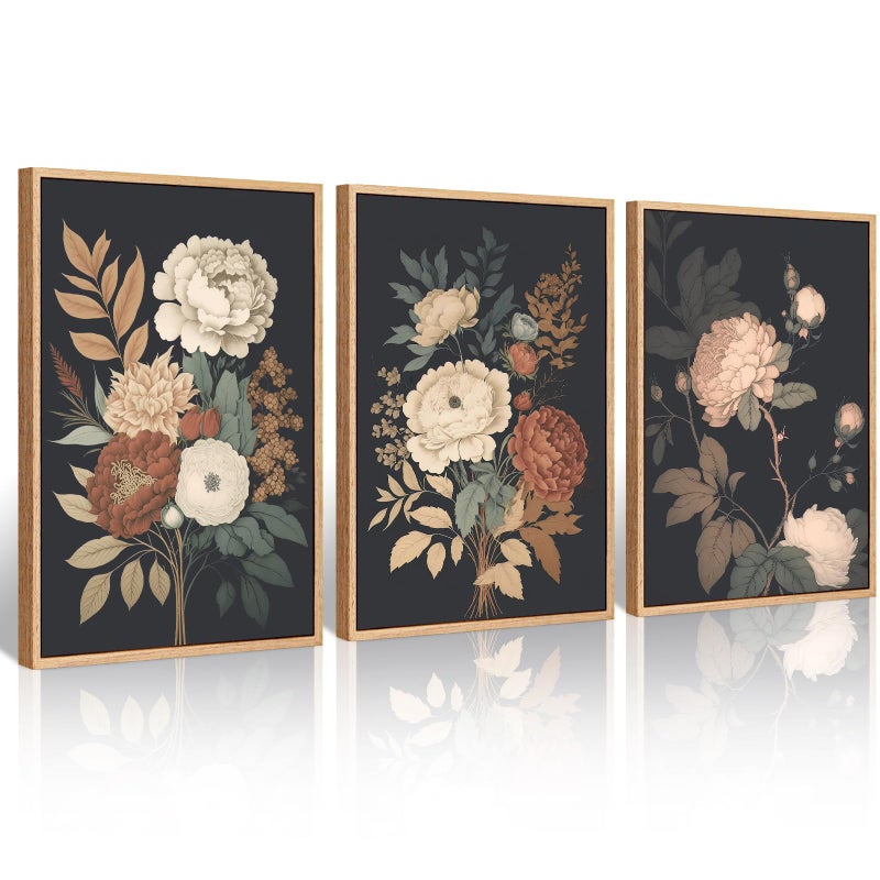 Pennclys Vintage Flower Wall Art Dark Floral Canvas Wall Art Botanical Farmhouse Prints Black Flower Pictures Wall Decor Moody Floral Artwork Painting for Living Room Bedroom 12x16x3 Inch Unframed - Image 1