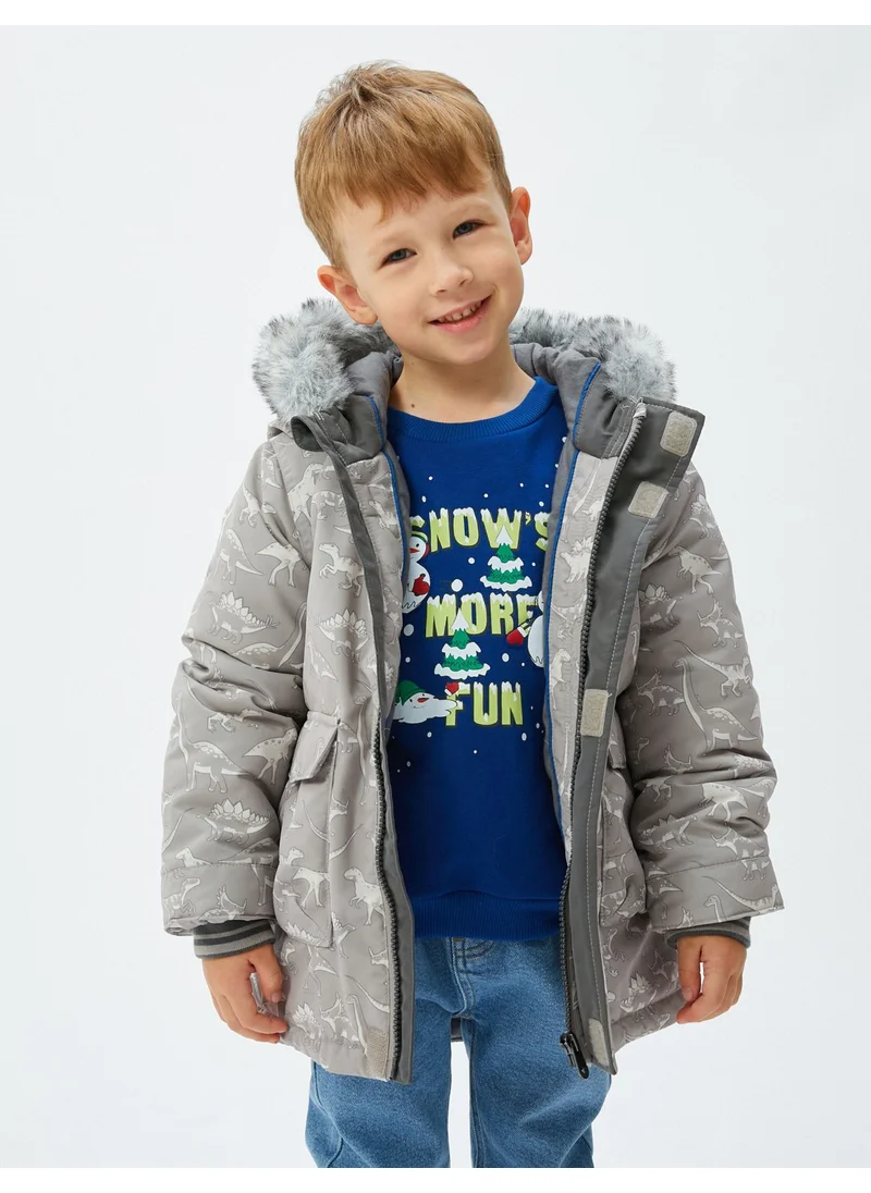 كوتون Puffer Jacket with Hooded Faux Fur Detail and Zippered Pocket