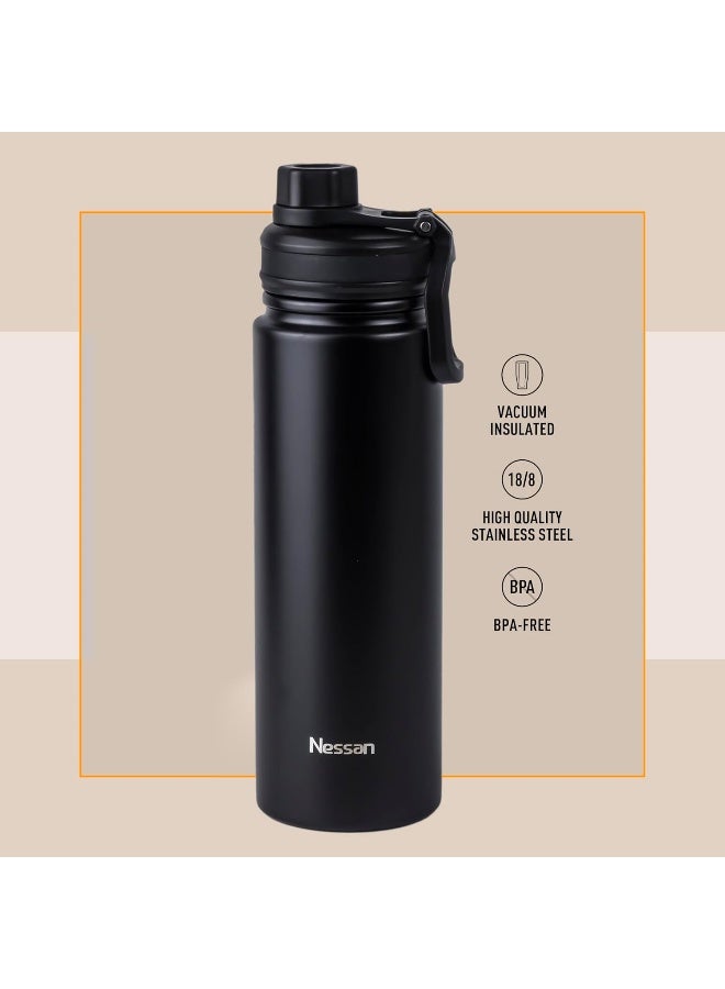 Nessan 720Ml Travel Flask – Double Wall Insulated Stainless Steel Vacuum Bottle For Hot And Cold Beverages - Black - Image 2