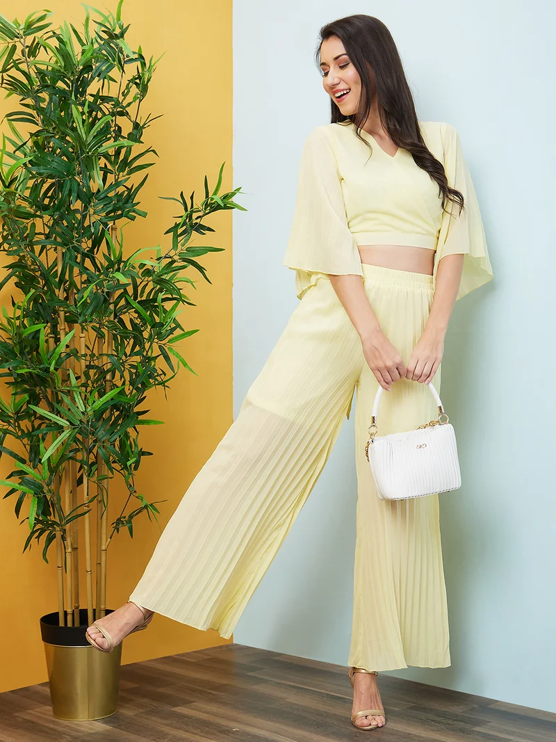globus Women Yellow Solid V-Neck Co-Ord Set With Top & Palazzo