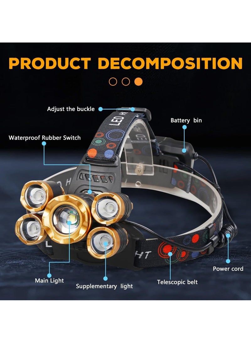 AROAQ مصباح رأس قابل لإعادة الشحن عبر USB 12000 لومن LED فائق السطوع، مصباح رأس مقاوم للماء بأربعة أوضاع، أفضل مصابيح رأس للبالغين، مصباح رأس قابل للتكبير للتخييم وصيد الأسماك والجري والمشي في الطبيعة - Image 5