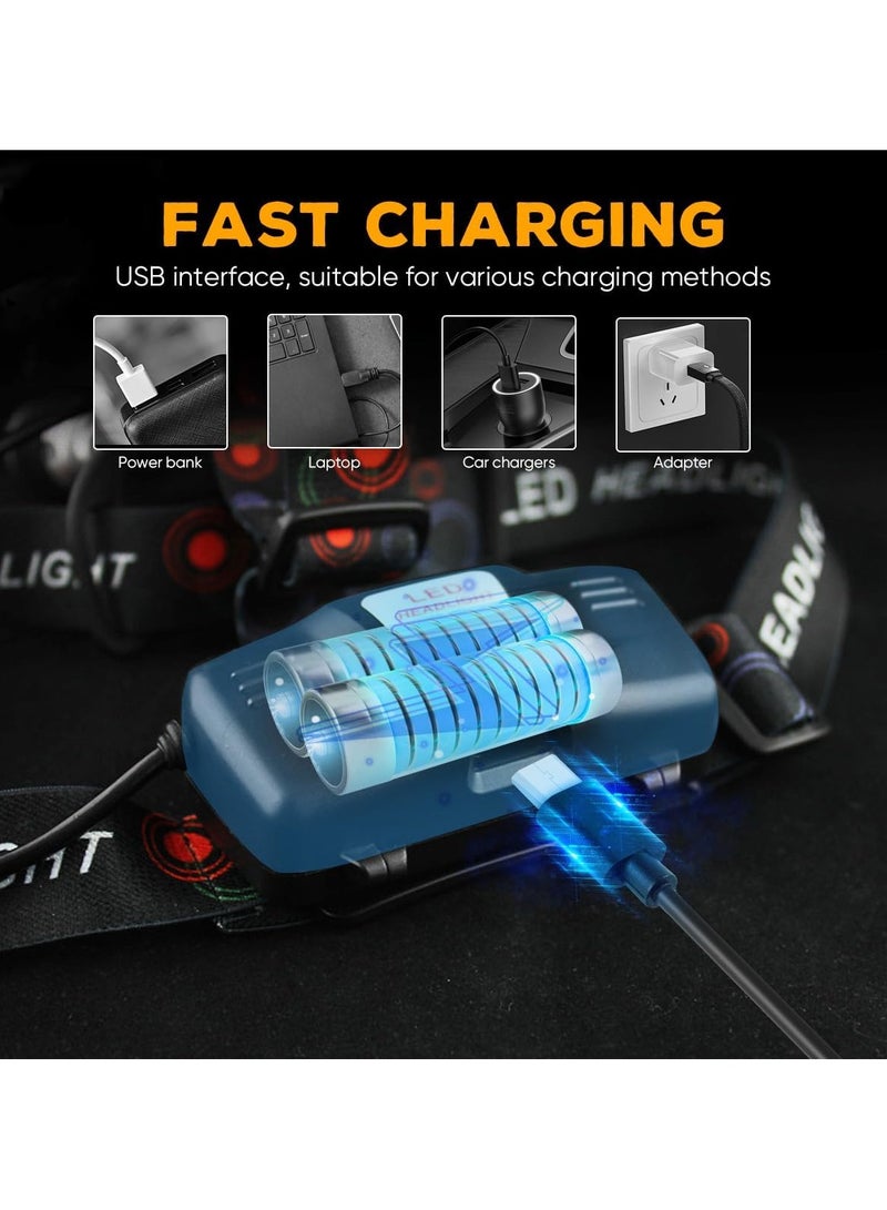 AROAQ مصباح رأس قابل لإعادة الشحن عبر USB 12000 لومن LED فائق السطوع، مصباح رأس مقاوم للماء بأربعة أوضاع، أفضل مصابيح رأس للبالغين، مصباح رأس قابل للتكبير للتخييم وصيد الأسماك والجري والمشي في الطبيعة - Image 2
