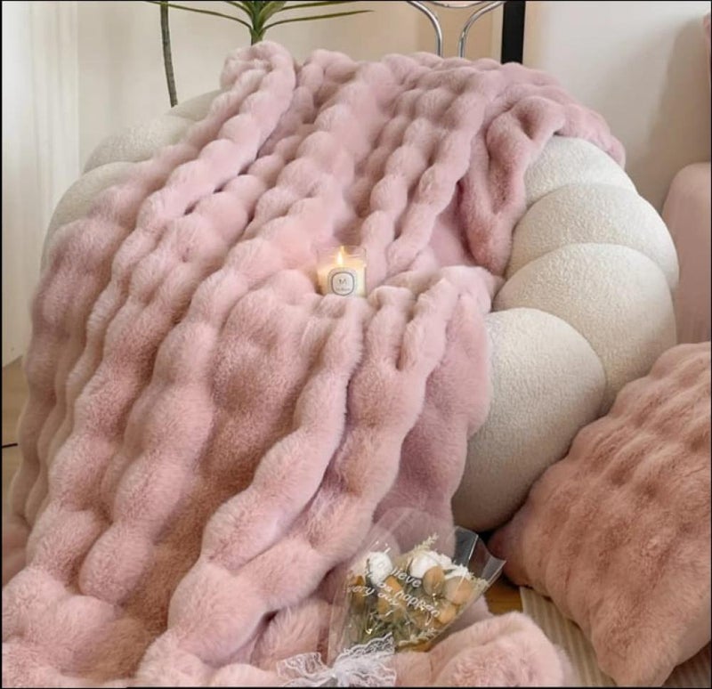 QUINTUS Faux Fur Rabbit Soft Blanket - Large Size - Brown/White/Pink - Image 4
