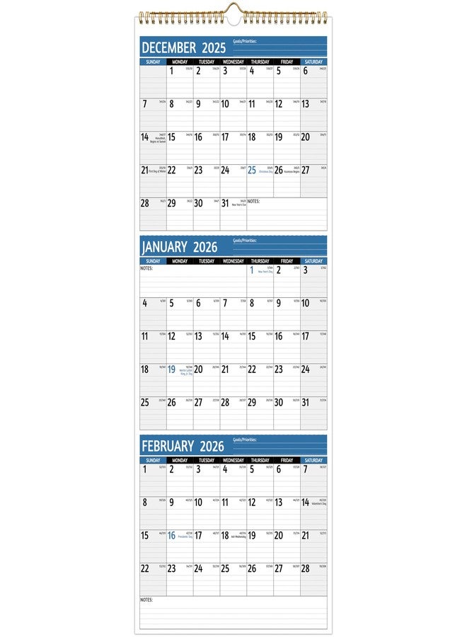 BowCuk 2026 Wall Calendar - 3 Month Calendar 2026 Vertical, Jan 2026 - Dec 2026, 3 Month Wall Calendar 2026, 11 x 26 In Open, 2026 Calendar with Large Print, Holidays, Thick Paper, Priorities ＆ Notes, blue - Image 1