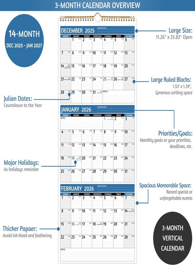 BowCuk 2026 Wall Calendar - 3 Month Calendar 2026 Vertical, Jan 2026 - Dec 2026, 3 Month Wall Calendar 2026, 11 x 26 In Open, 2026 Calendar with Large Print, Holidays, Thick Paper, Priorities ＆ Notes, blue - Image 3
