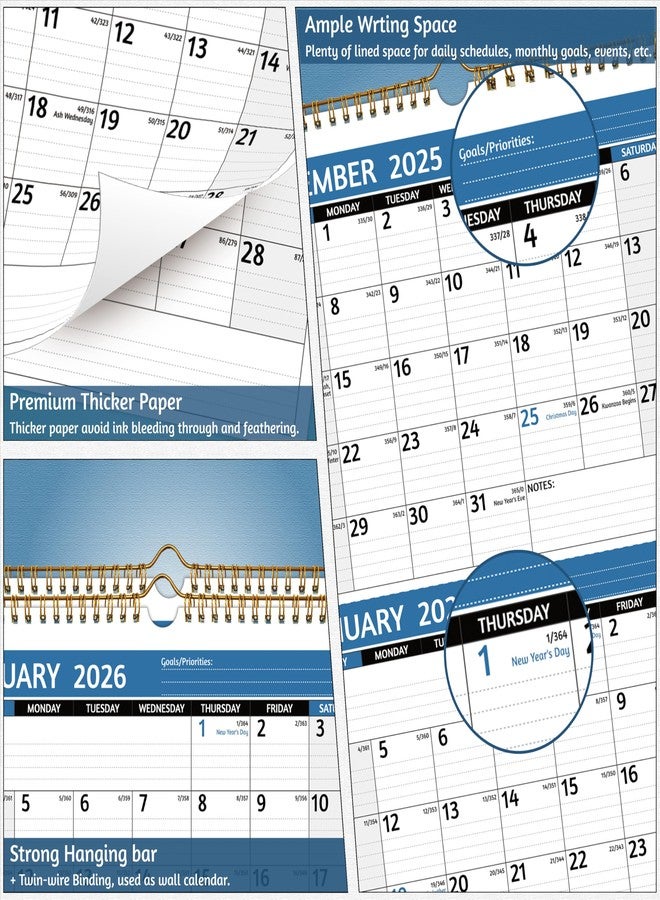 BowCuk 2026 Wall Calendar - 3 Month Calendar 2026 Vertical, Jan 2026 - Dec 2026, 3 Month Wall Calendar 2026, 11 x 26 In Open, 2026 Calendar with Large Print, Holidays, Thick Paper, Priorities ＆ Notes, blue - Image 4