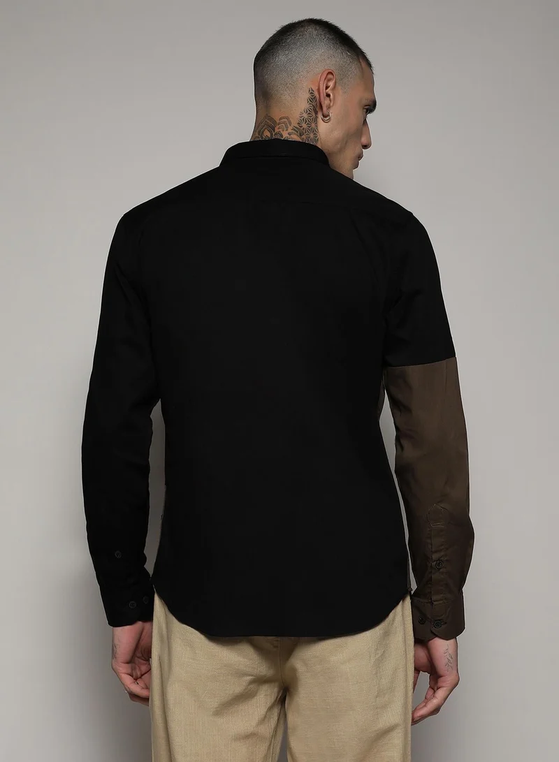 Campus Sutra  Men's Black & Olive Green Contrast Panel Shirt for Men | Best Price UAE