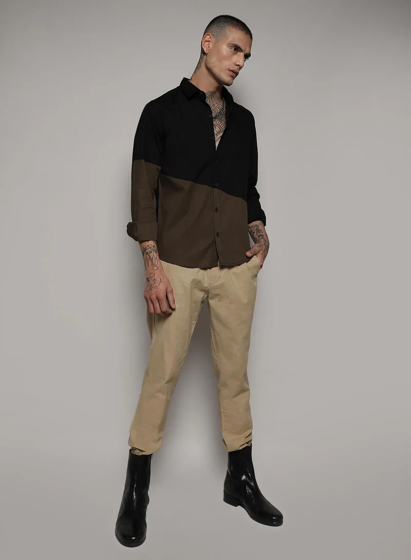 Campus Sutra  Men's Black & Olive Green Contrast Panel Shirt for Men | Best Price UAE