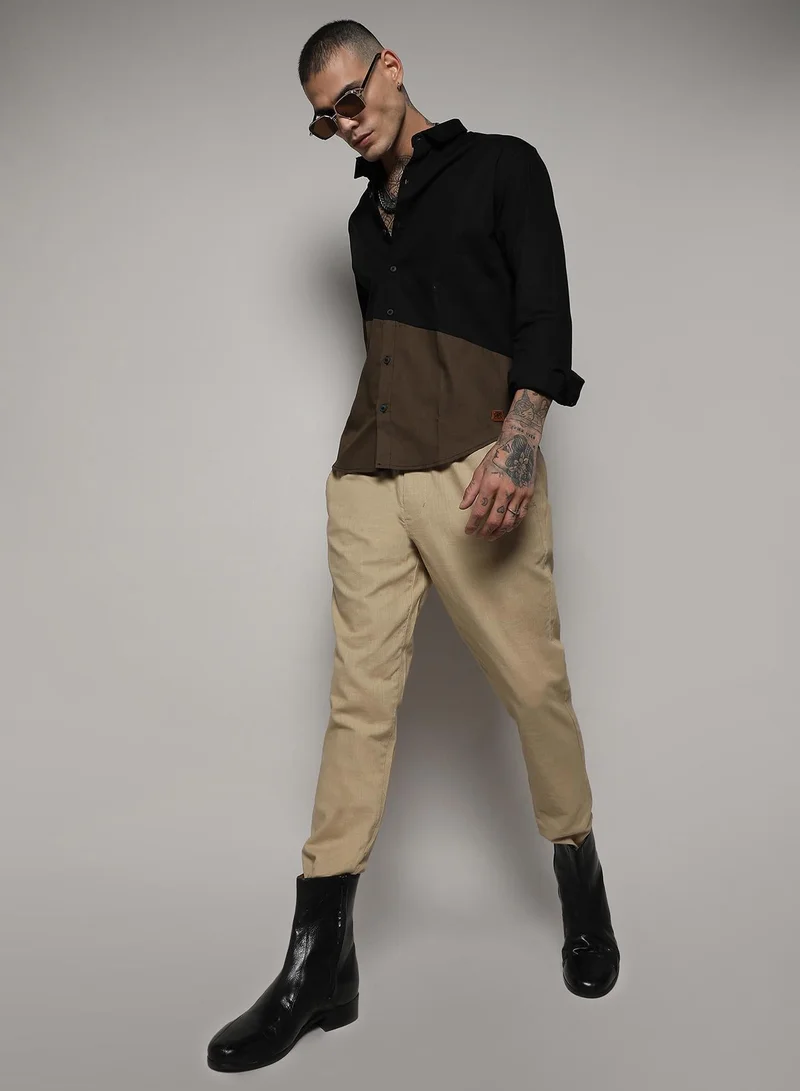 Campus Sutra  Men's Black & Olive Green Contrast Panel Shirt for Men | Best Price UAE