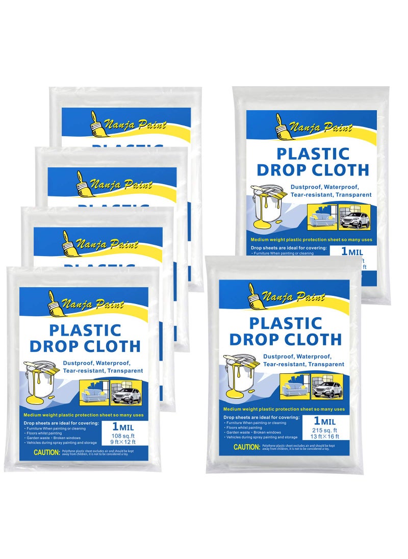 NANJA Clear Polyethylene Drop Cloths 1 Mil Thickness  Waterproof Plastic Cover for Painting Furniture Cover 6 Pack 
