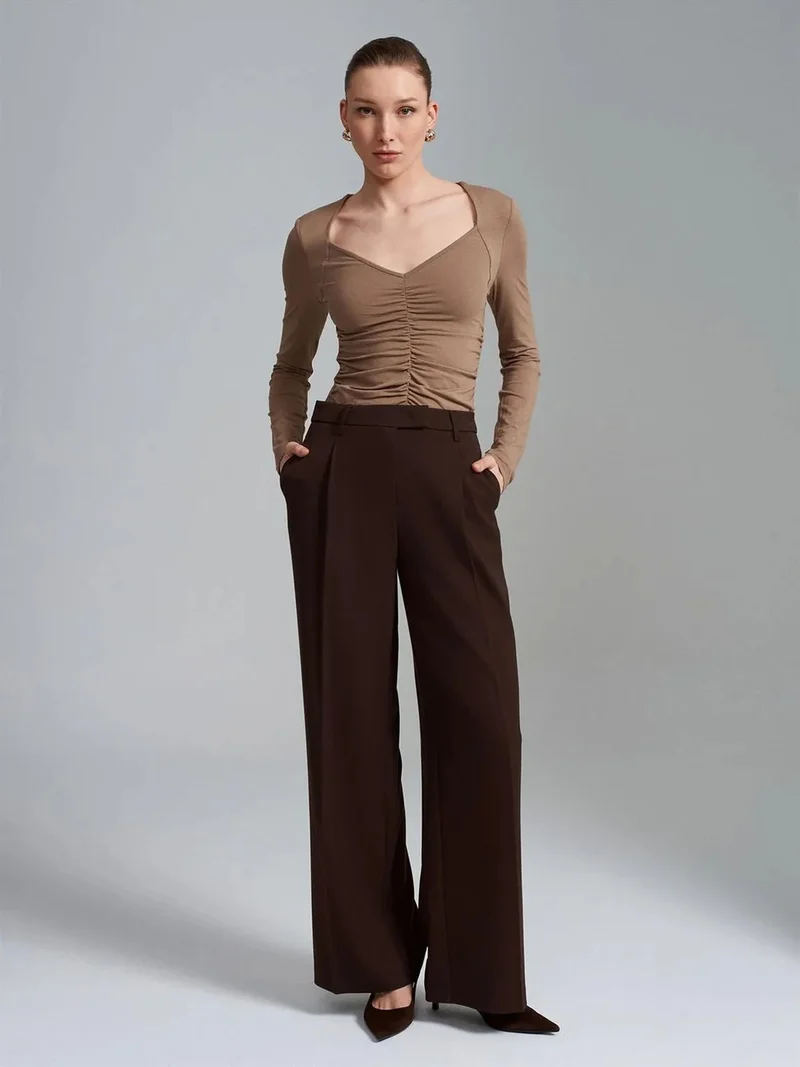 Dilvin Dilvin Women's High-Waist Wide-Leg Crepe Trousers