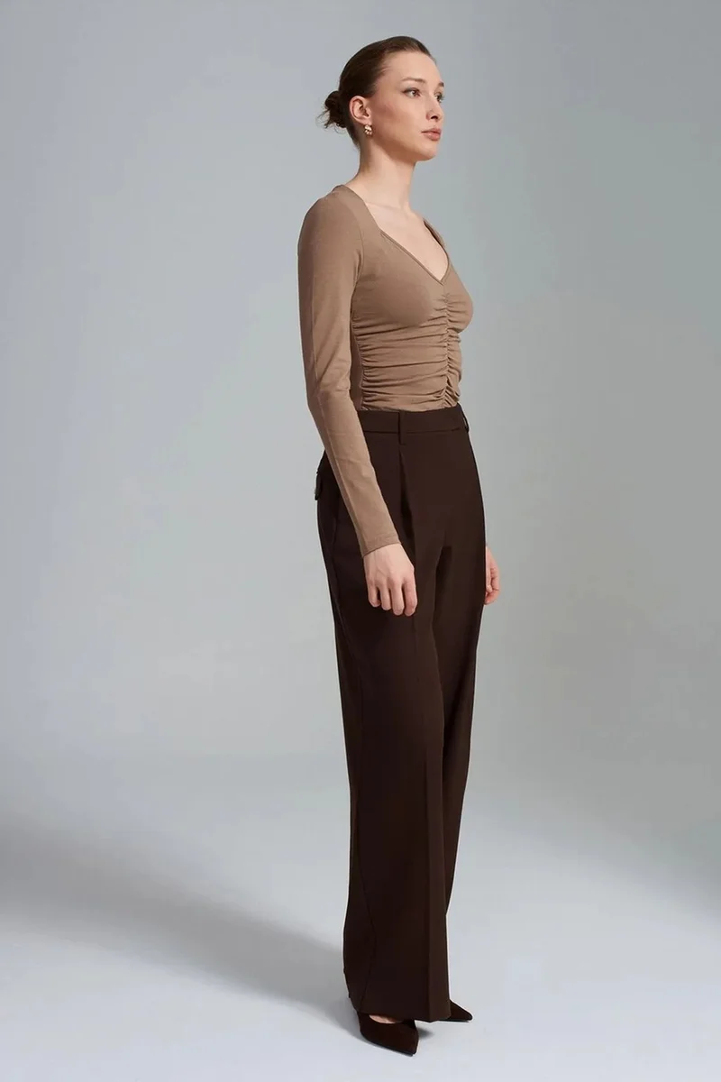 Dilvin Coffee Brown DILVIN Women's High-Waist Wide-Leg Crepe Trousers for Women | Best Price UAE