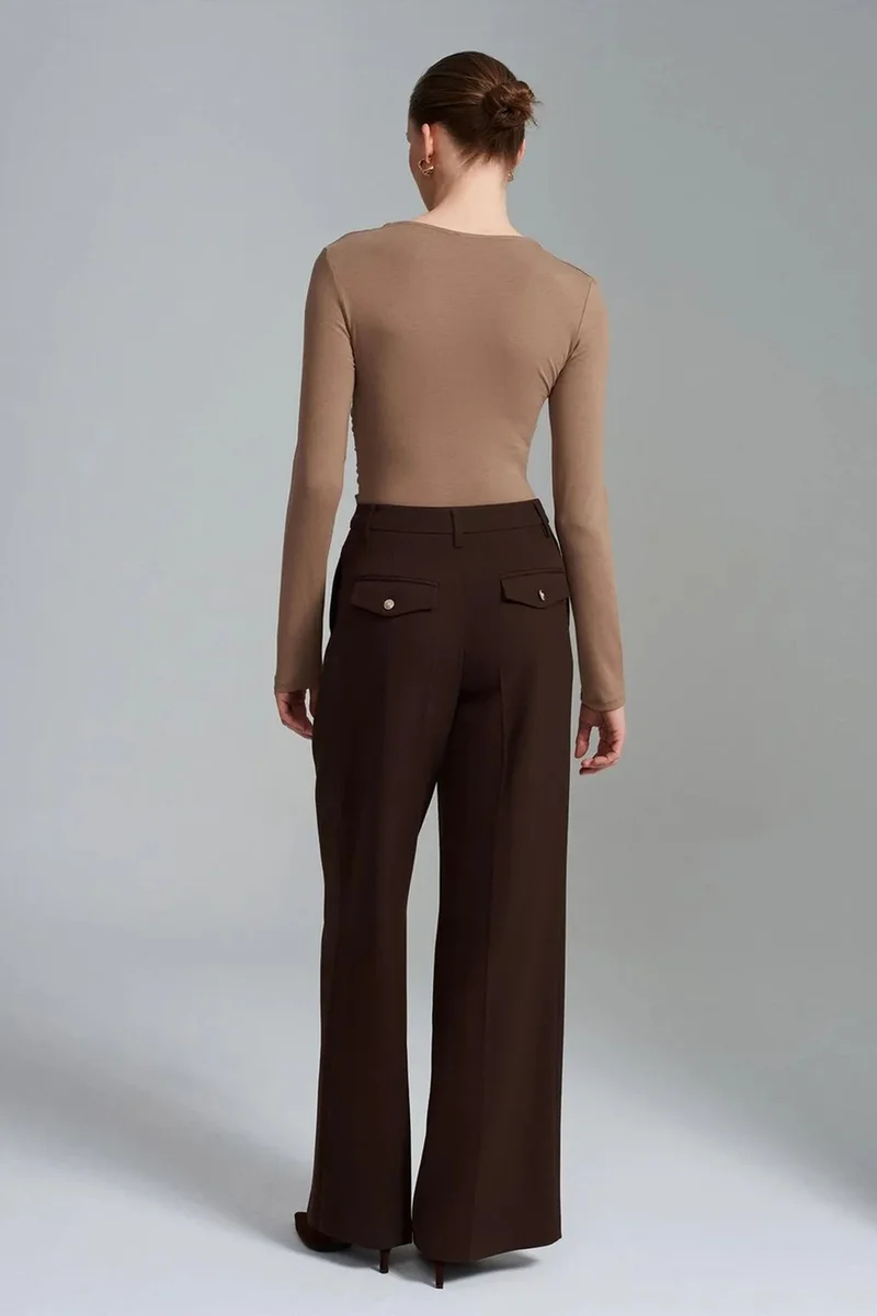 Dilvin Coffee Brown DILVIN Women's High-Waist Wide-Leg Crepe Trousers for Women | Best Price UAE