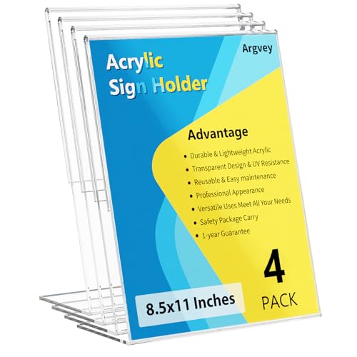 Argvey 4 Pack Acrylic Sign Holder 8.5x11, Clear Plastic Slanted Back Sign Holders, Desktop Papers Menus Frame Flyer Document Holder Display Stand for Coffee Shops, Hotels, Offices, Public Spaces - Image 1