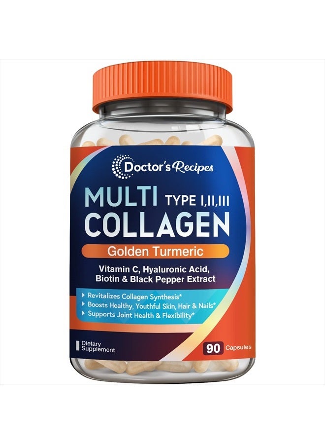 Doctor's Recipes مجمع الكولاجين المتعدد مع الكركم الذهبي، فيتامين C، البيوتين، حمض الهيالورونيك والفلفل الأسود لمكافحة الشيخوخة، البشرة، الشعر، الأظافر والمفاصل، كيتو، 90 كبسولة - Image 1