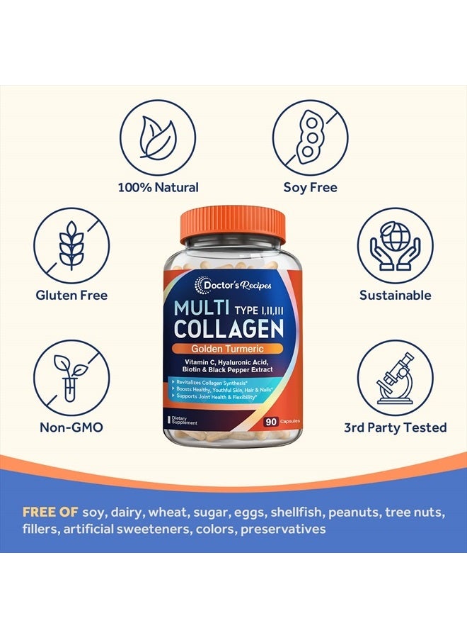 Doctor's Recipes مجمع الكولاجين المتعدد مع الكركم الذهبي، فيتامين C، البيوتين، حمض الهيالورونيك والفلفل الأسود لمكافحة الشيخوخة، البشرة، الشعر، الأظافر والمفاصل، كيتو، 90 كبسولة - Image 5