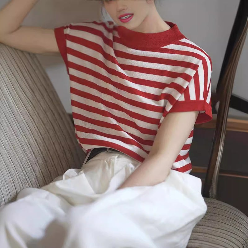 Summer French Style Sea Soul Striped Shoulder T-Shirt Knitted Short Sleeve Women'S Unique Design Loose Top Pullover Ice Silk Thin - Image 3