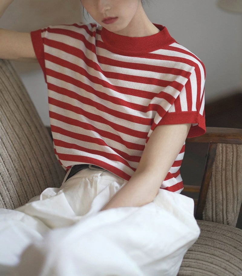 Summer French Style Sea Soul Striped Shoulder T-Shirt Knitted Short Sleeve Women'S Unique Design Loose Top Pullover Ice Silk Thin - Image 1