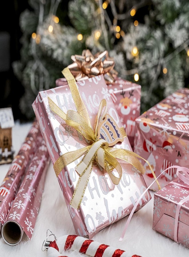 LeZakaa Christmas Wrapping Paper Mini Roll, Pink Metallic Foil Shine Paper - Snowflakes/Santa Claus/HO Print for Gift Wrap, Arts Crafts - 17 x 120 inches - 3 Rolls (42.5 sq.ft.ttl. - Image 2